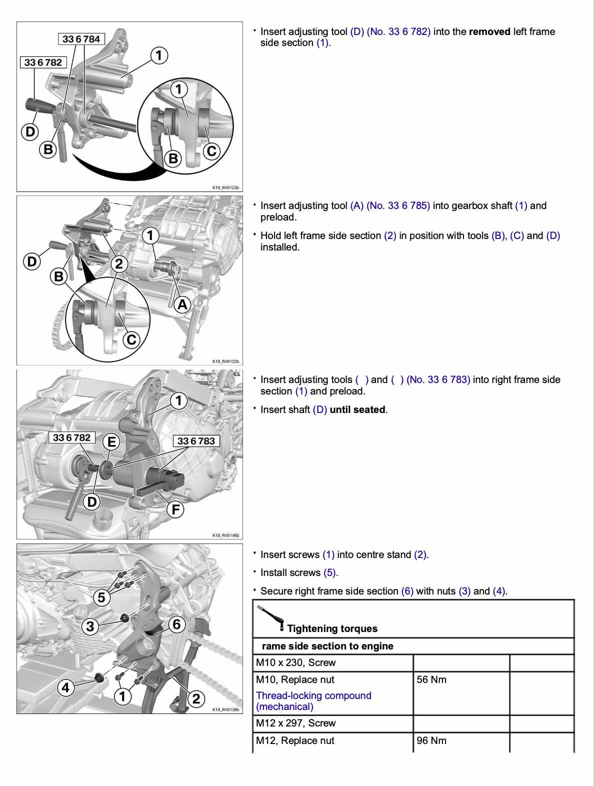 Technical instruction sheet showing a step-by-step guide for installing and tightening engine adjusting screws and nuts, with labeled diagrams, tool references, and torque values.