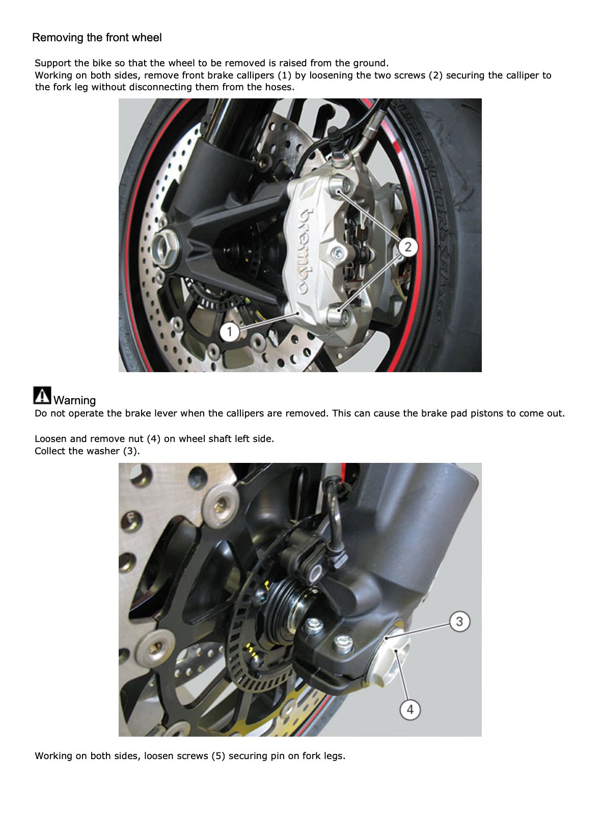 Ducati Hypermotard 821 service manual page showing front brake caliper removal and wheel shaft nut and washer photos