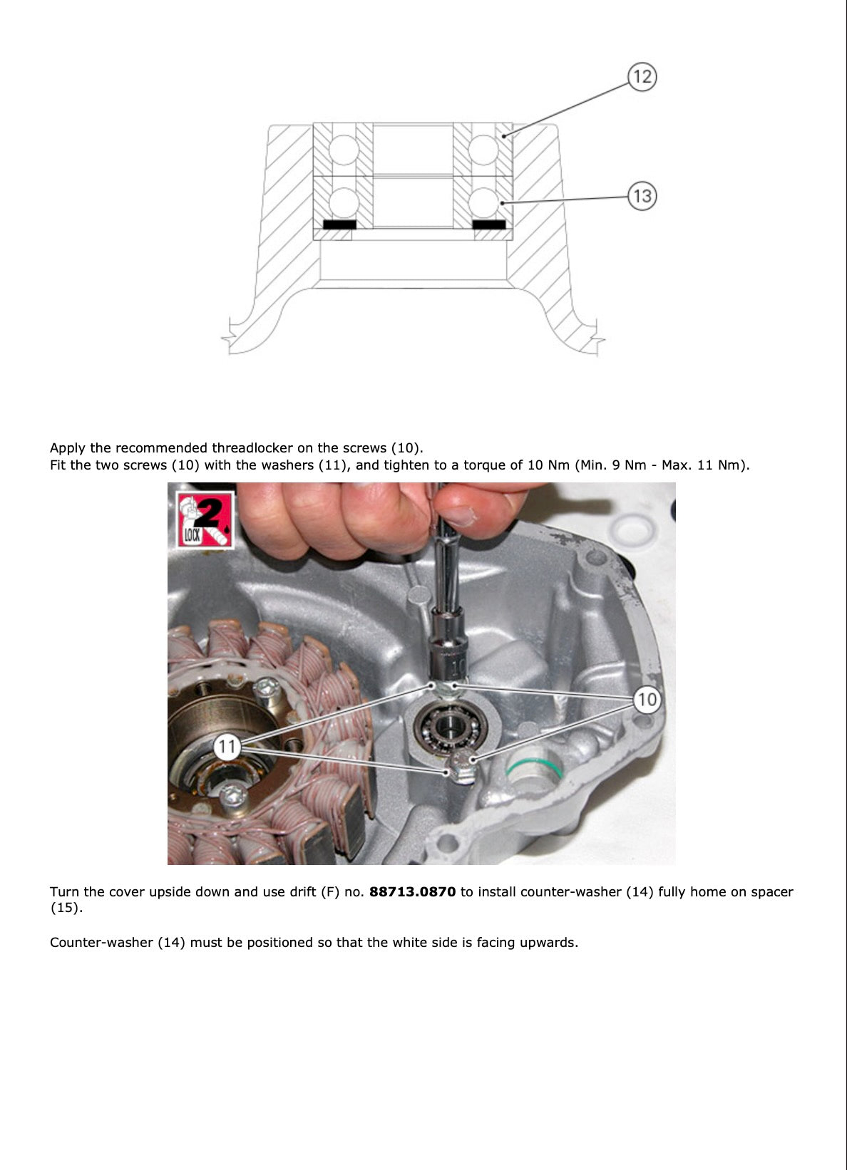 An instructional diagram and photo showing how to install a counter-washer on a metal mechanical component. The top half contains a labeled cross-section diagram with callouts 1 and 12, and the bottom half shows a close-up photo of a hand using a tool on the part with arrows and callouts.