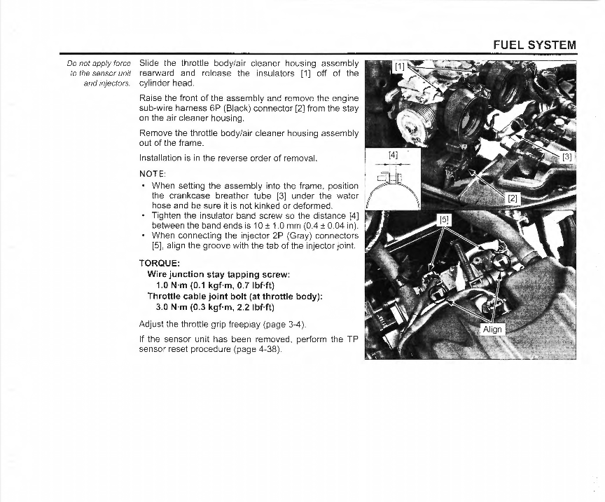 A black-and-white technical service manual page for a fuel system, showing assembly steps, torque values, and wiring instructions alongside a labeled wiring diagram.