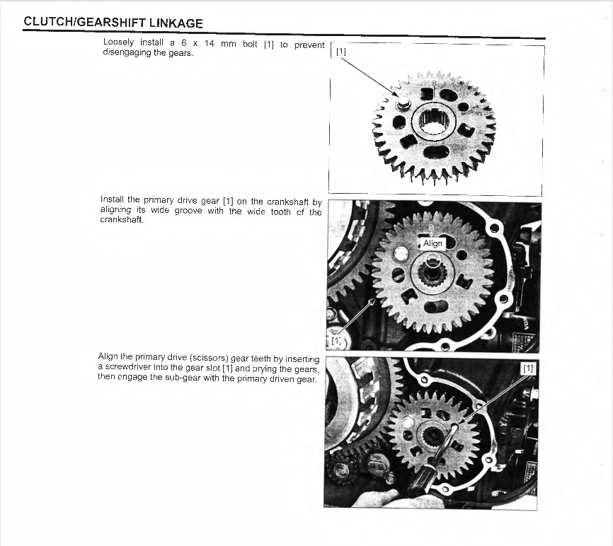 A printed instruction sheet titled 'CLUTCH/GEARSHIFT LINKAGE' with text instructions and three small photos of metal gears installed in a mechanical assembly.