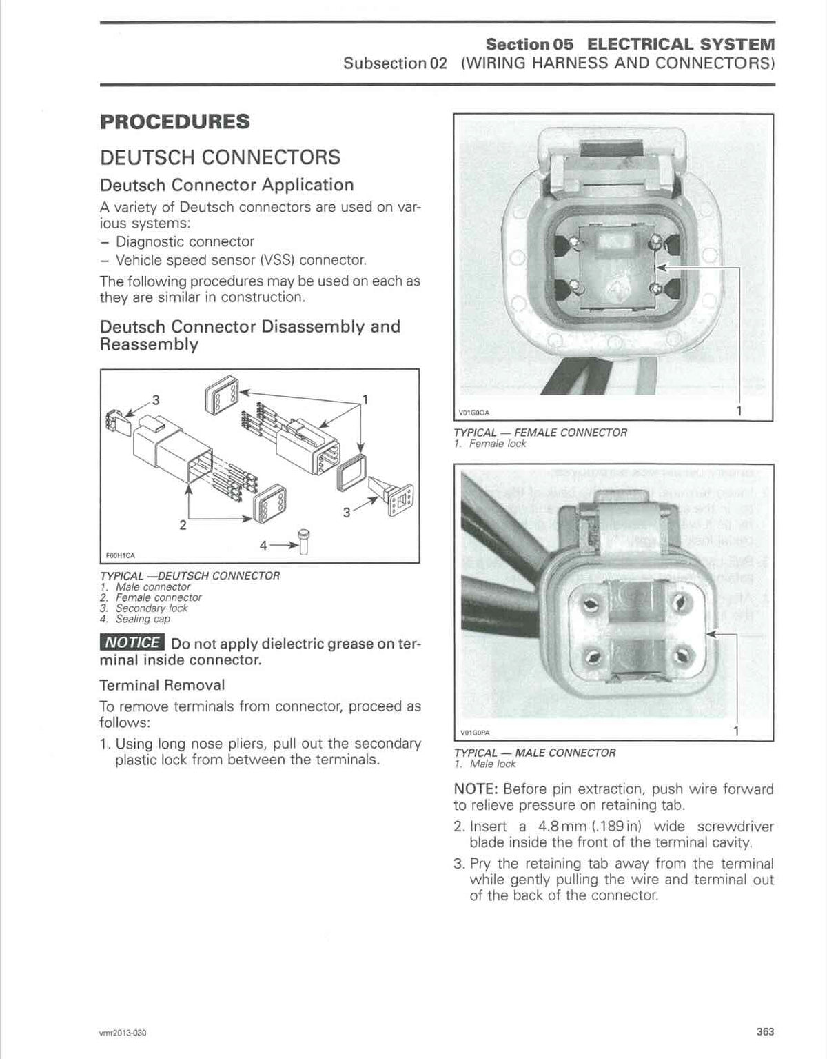 Can-Am Outlander service manual page 363 Deutsch connector disassembly photos and terminal removal steps