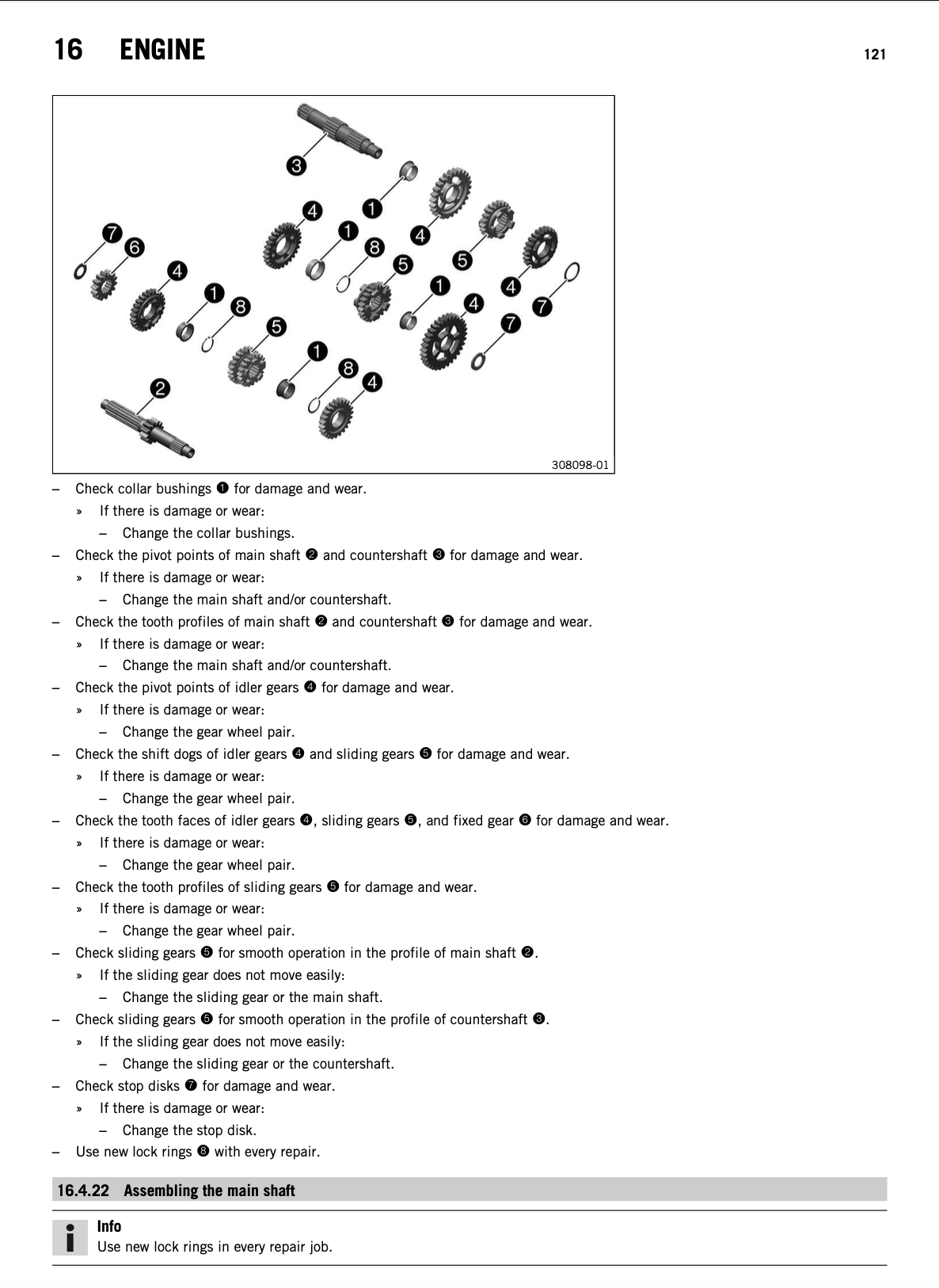 A technical service manual page titled '16 ENGINE' showing a labeled exploded-view diagram of a motorcycle or bicycle chain drive assembly, with text instructions below the diagram.