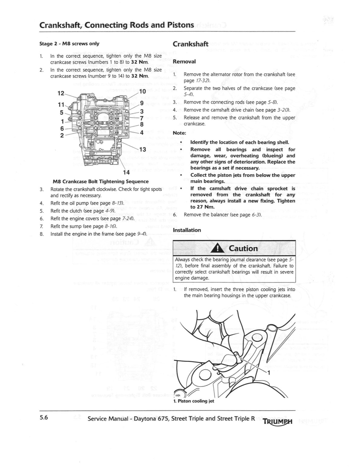 A printed service manual page with black text and line drawings on a white page, showing crankshaft, connecting rods, and pistons with numbered parts and installation notes.