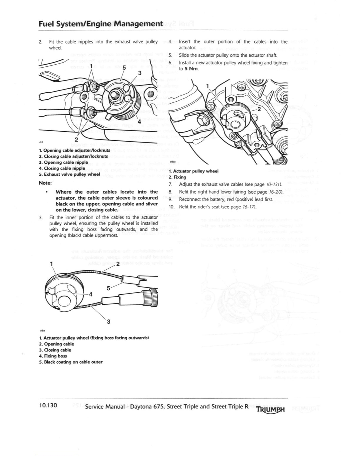 Triumph Daytona 675 Street Triple service manual page 10.130 with exhaust valve pulley wheel and actuator cable installation diagrams