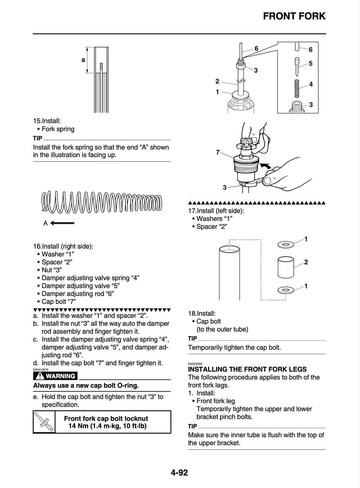 Yamaha FJR1300A service manual page 4-92 with fork spring, damper adjusting rod, and front fork leg installation diagrams