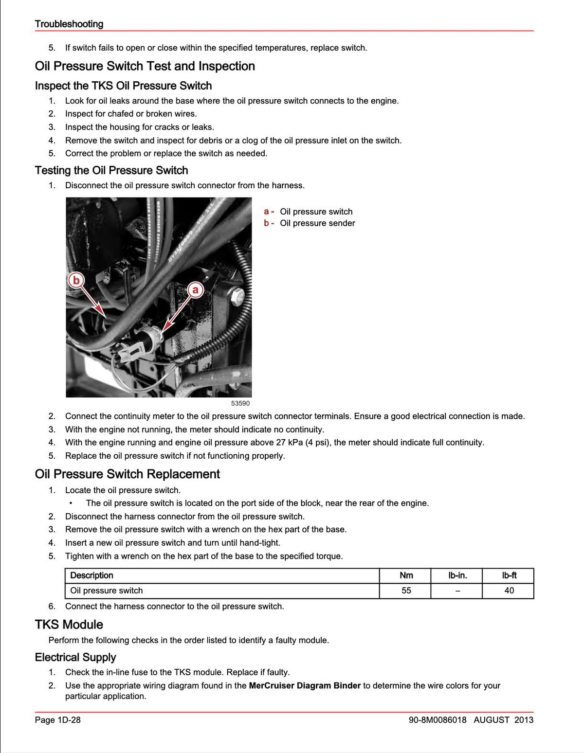 A printed troubleshooting and inspection sheet for an oil pressure switch, with text instructions, a small labeled diagram of the switch, and a section for replacing the oil pressure switch. The page is mostly white with black text and a small red and blue diagram.