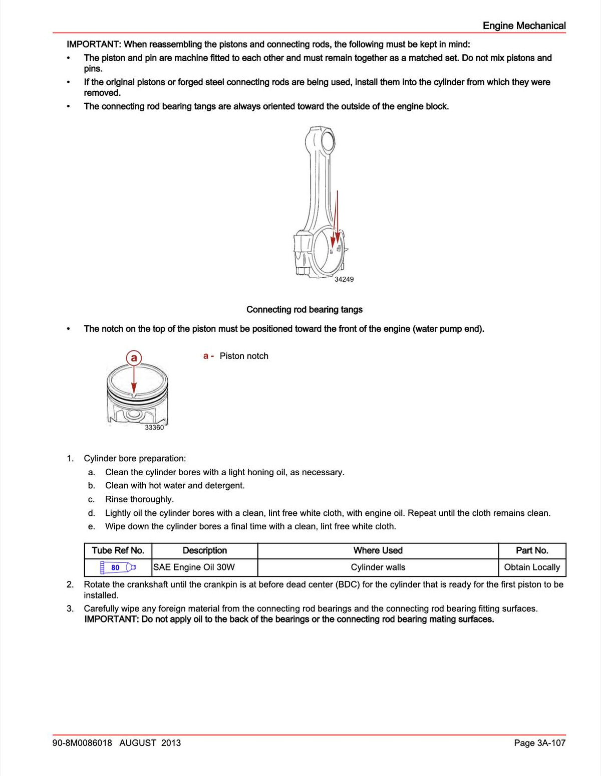 A printed technical instruction sheet with diagrams and text for engine piston and connecting rod installation, including labeled parts, step-by-step notes, and a small parts list table.