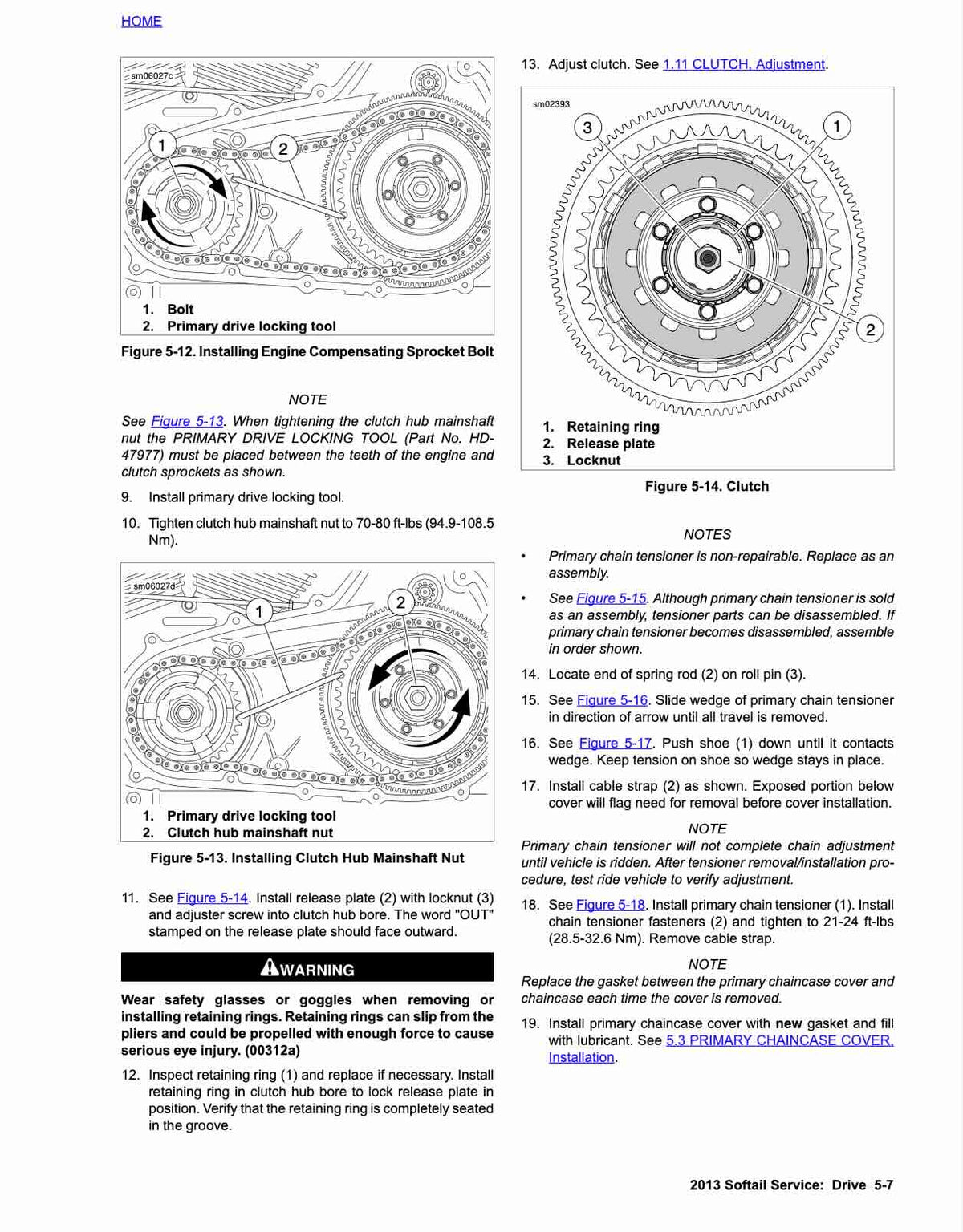 Harley-Davidson 2013 Softail service manual page 5-7 with engine compensating sprocket bolt installation, clutch hub mainshaft nut procedure using primary drive locking tool, clutch diagram showing retaining ring and release plate, primary chain tensioner diagram and adjustment, torque specifications for clutch hub nut 70-80 ft-lbs