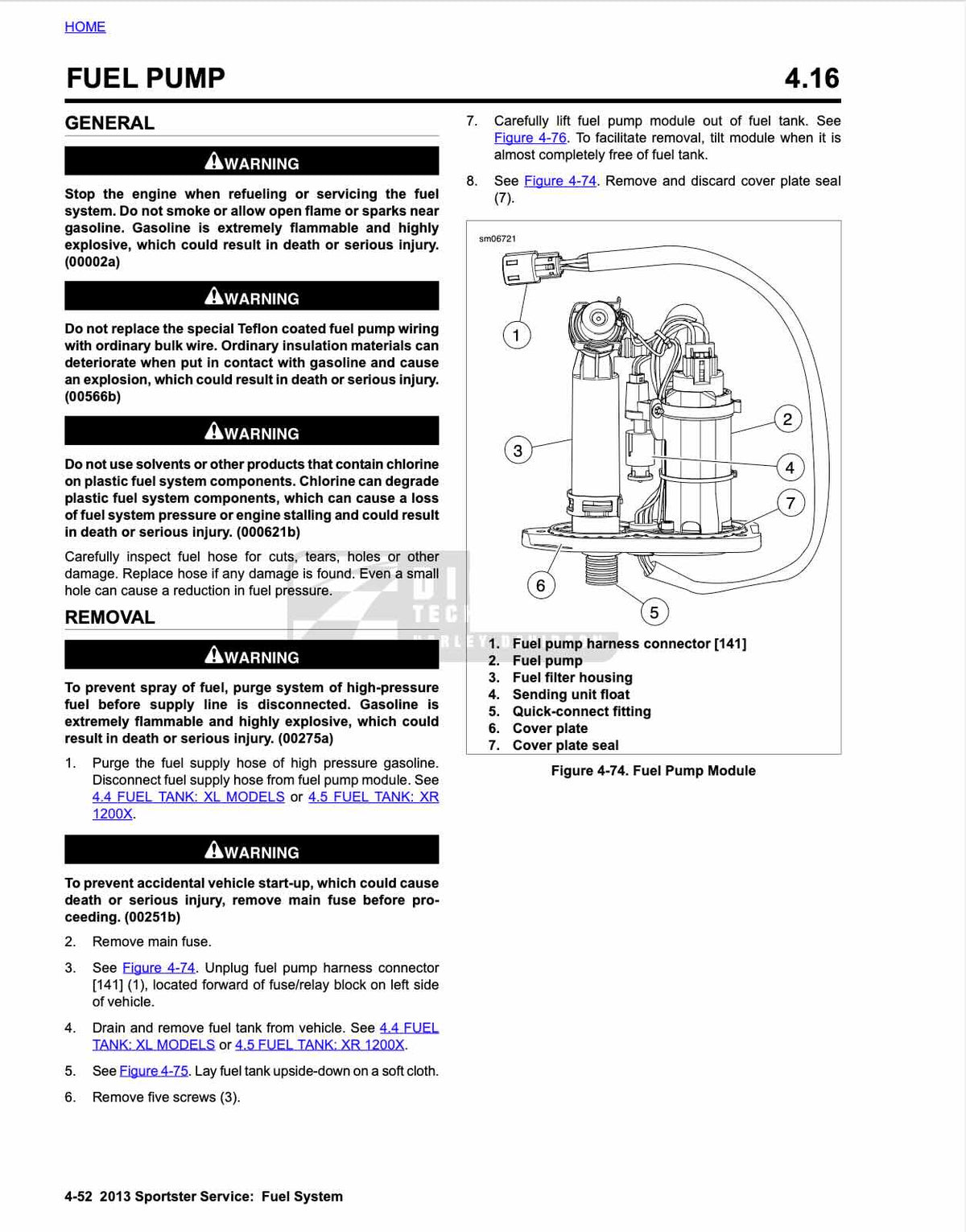 Harley-Davidson Sportster service manual page 4.16 fuel pump module diagram and removal warnings