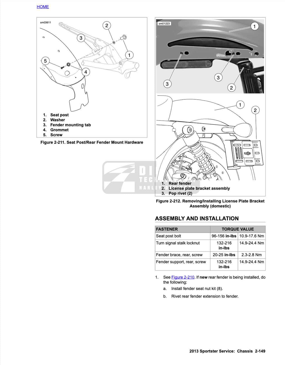 Harley-Davidson Sportster service manual rear fender and license plate bracket diagrams with torque table