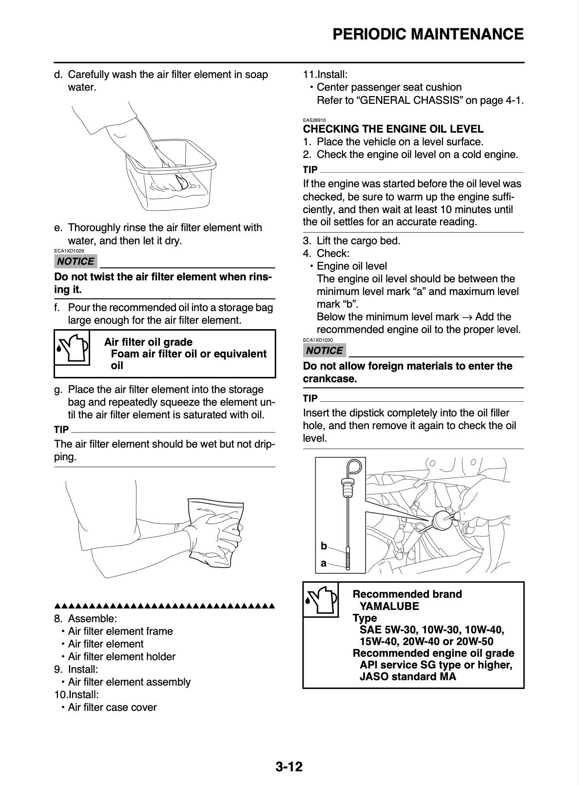 A printed maintenance instruction sheet with text and small diagrams for periodic engine filter care, including steps to wash, rinse, pour oil, install, and check engine oil level. The page includes a YAMABUKE recommended filter insert and a numbered parts list.