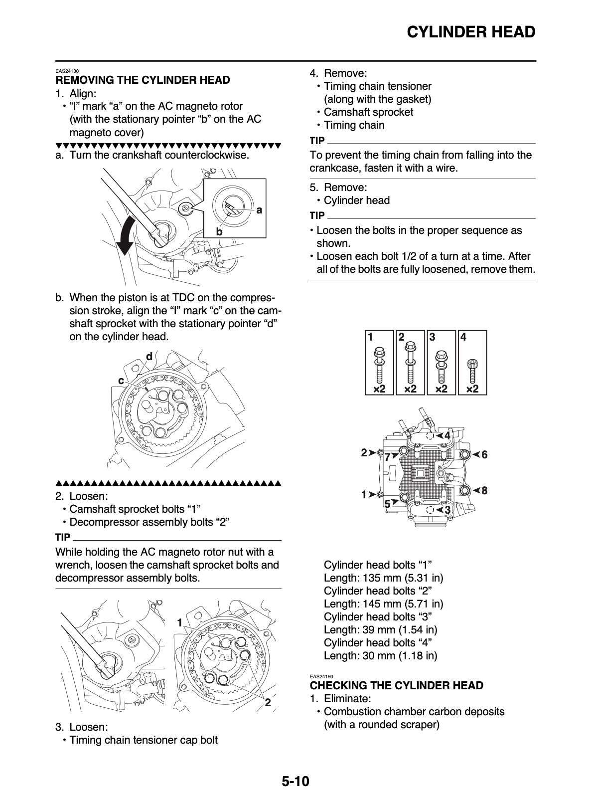 A printed technical instruction sheet showing how to remove and loosen the cylinder head on a motorcycle engine, with labeled diagrams, arrows, and step-by-step guidance.