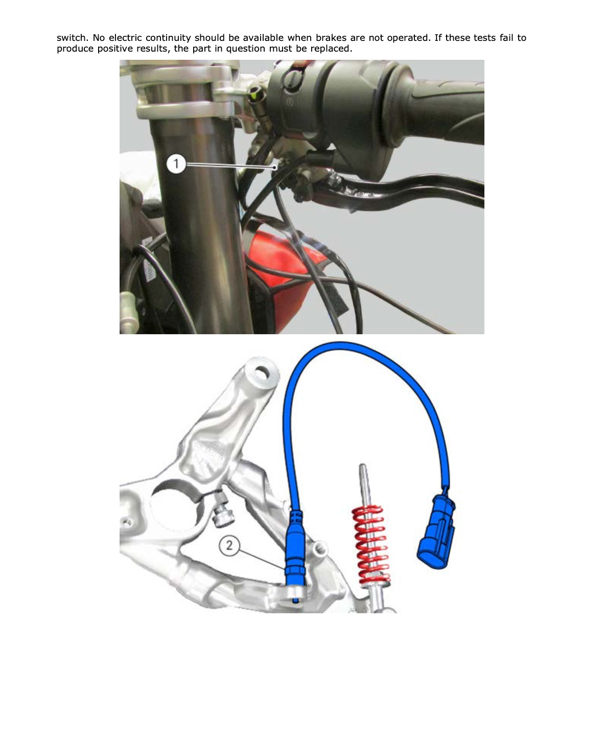 A motorcycle service instruction page showing a close-up of a handlebar area with a labeled switch and wiring, plus a schematic diagram below illustrating a blue cable, red shock absorber, and silver metal mounting.