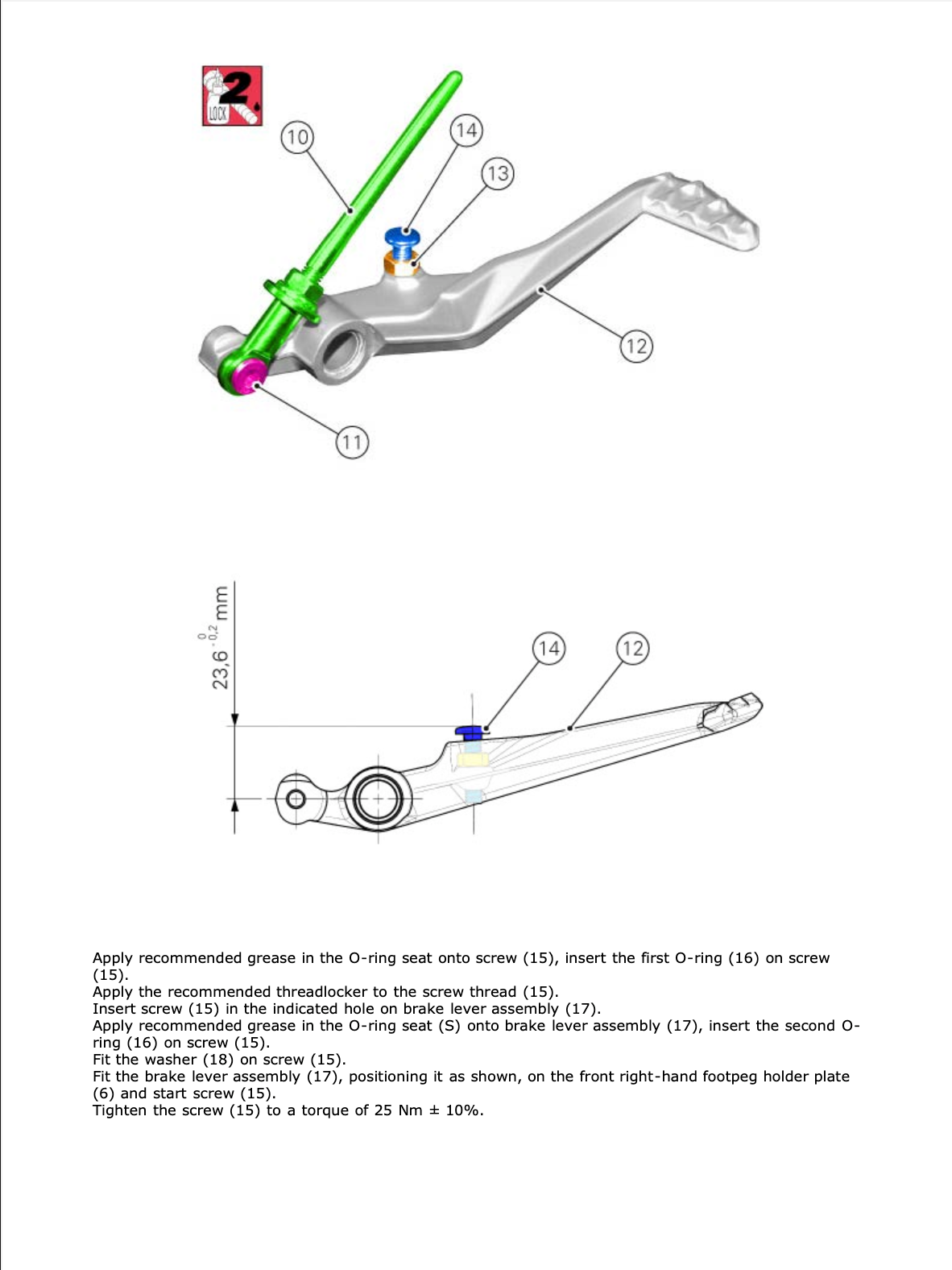 Technical schematic diagram of a brake lever assembly with numbered callouts and installation steps, shown on a white background.