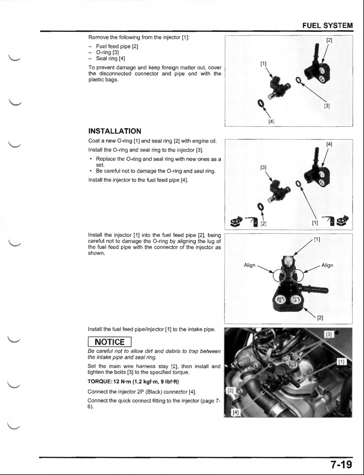 Honda NSS300 Forza service manual page 7-19 with fuel injector removal, O-ring, and seal ring installation diagrams