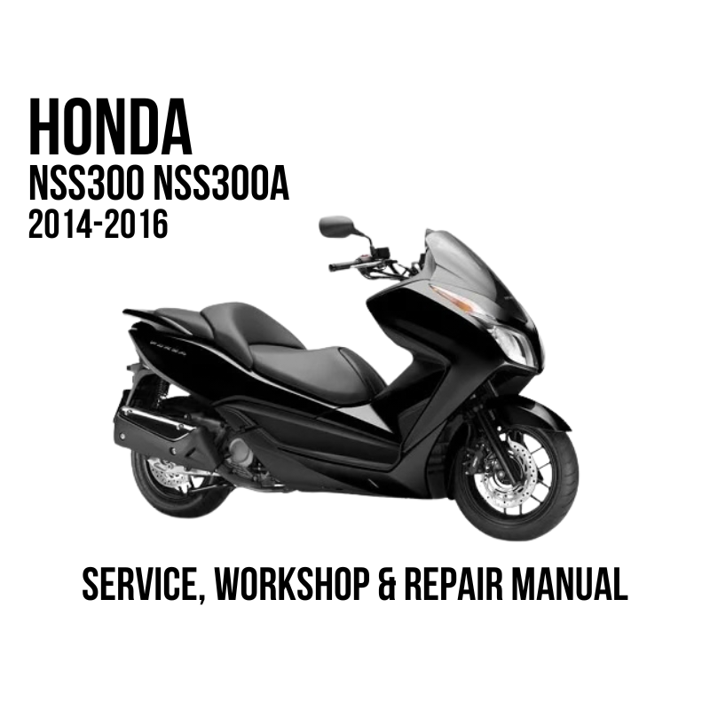 A black Honda NSS300 NSS300A scooter shown on a white background with text reading 'HONDA NSS300 NSS300A 2014-2016' and 'SERVICE, WORKSHOP & REPAIR MANUAL'.
