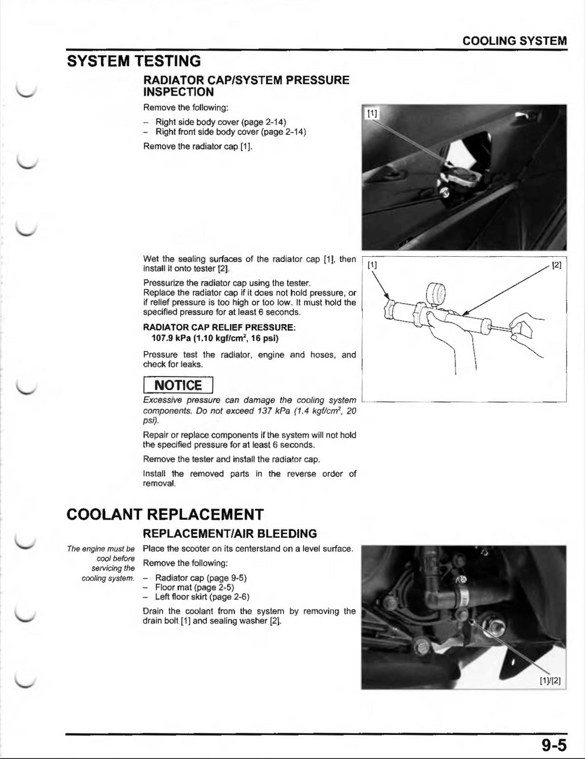 Honda NSS300 Forza service manual page 9-5 with radiator cap pressure test and coolant replacement diagrams