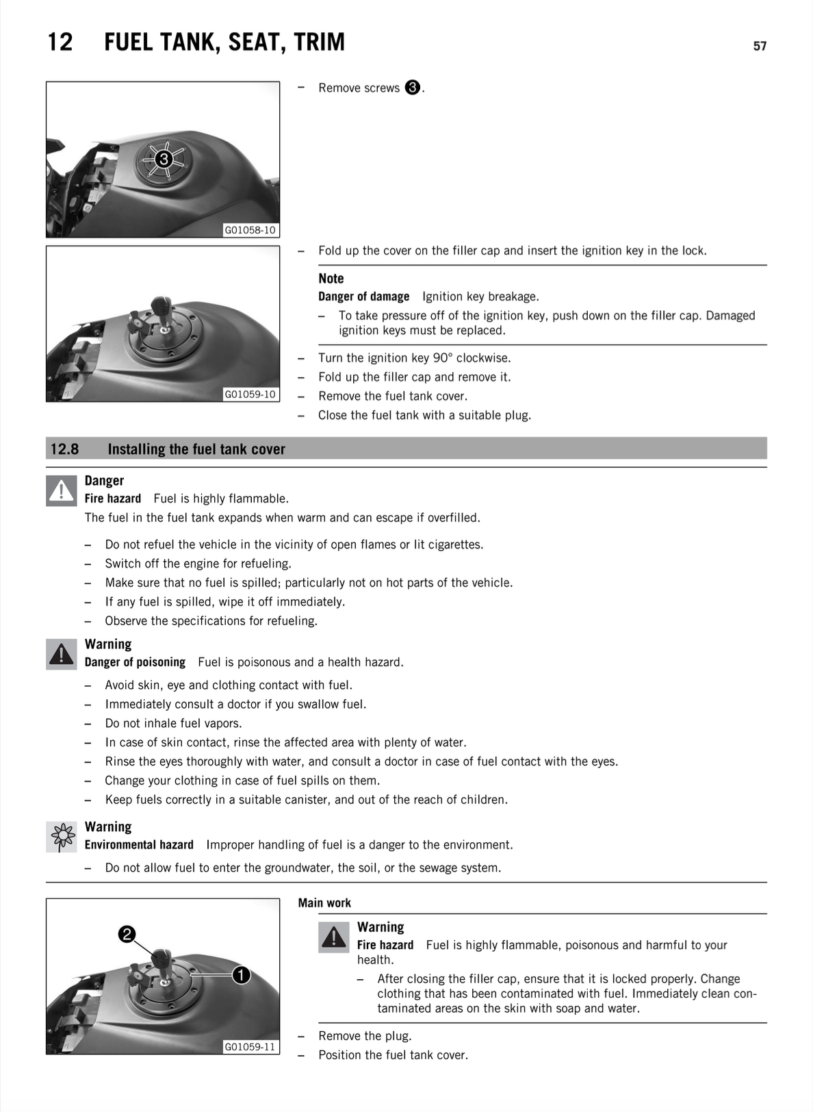 A scanned page from a vehicle service manual, page 57, detailing the removal and installation of the fuel tank, seat, and trim. The page features black-and-white photographs with numbered callouts (12.