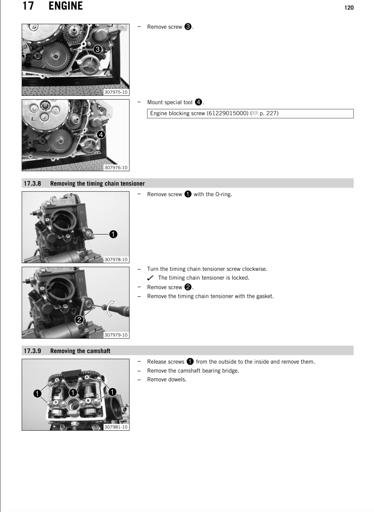 A technical service manual page with labeled engine diagrams and removal steps, including text such as 'ENGINE', 'Removing the chain tensioner', and 'Removing the camshaft'. The page contains small grayscale photos of engine components with callouts and bullet points.