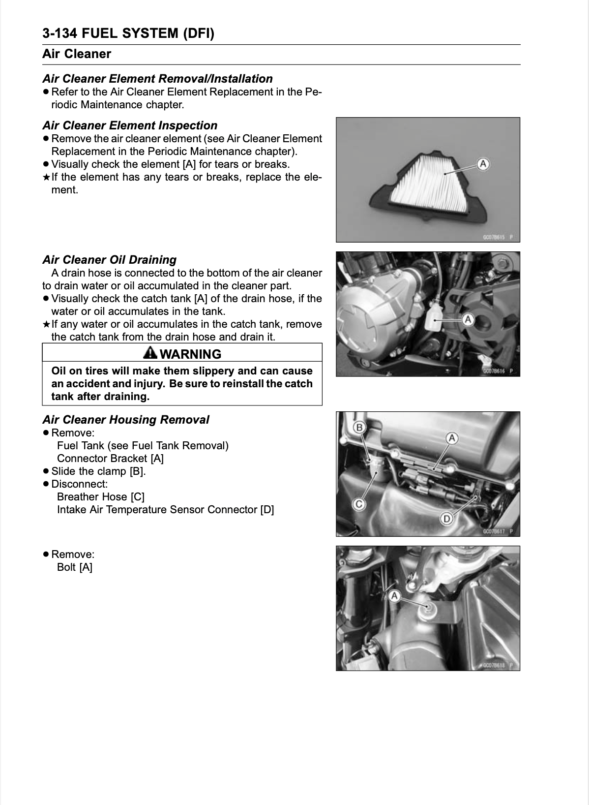 A black and white technical service manual page showing step-by-step instructions and photos for removing and installing an air cleaner element, draining oil, and removing the air cleaner housing.