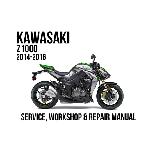 Kawasaki Z1000 2014-2016 service, workshop, and repair manual cover graphic featuring a side profile of the motorcycle on a white background with black text.