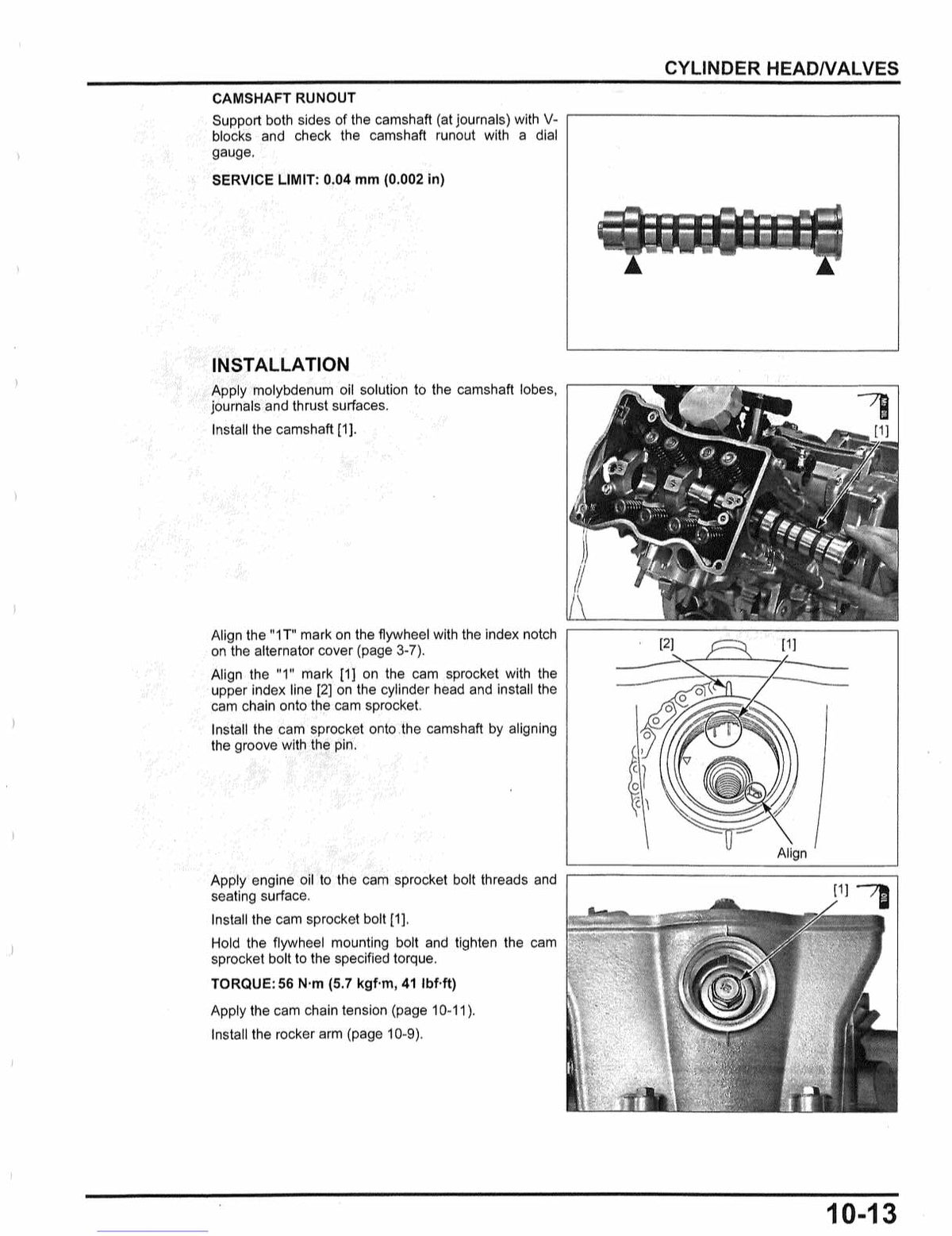 A printed page with text instructions and small engine diagrams for camshaft headvalves, including headings 'CAMSHAFT RUNOUT' and 'INSTALLATION' with labeled parts and a grayscale engine photo.