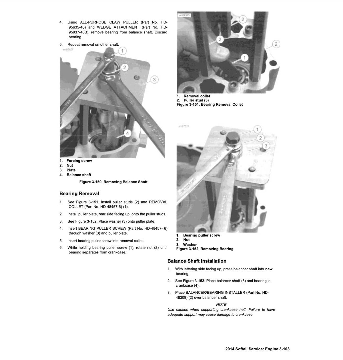 2014 Harley-Davidson Softail Models service manual balance shaft and bearing removal procedures with claw puller tool application, removal collet assembly, bearing puller screw installation, washer placement and balance shaft installation with letterside bearing orientation
