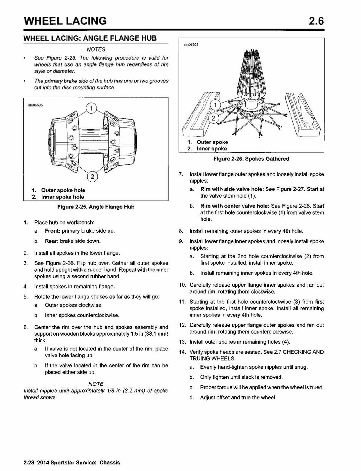 A black-and-white technical service manual page for a 2014 Sportster wheel lacing procedure, showing diagrams and numbered instructions.