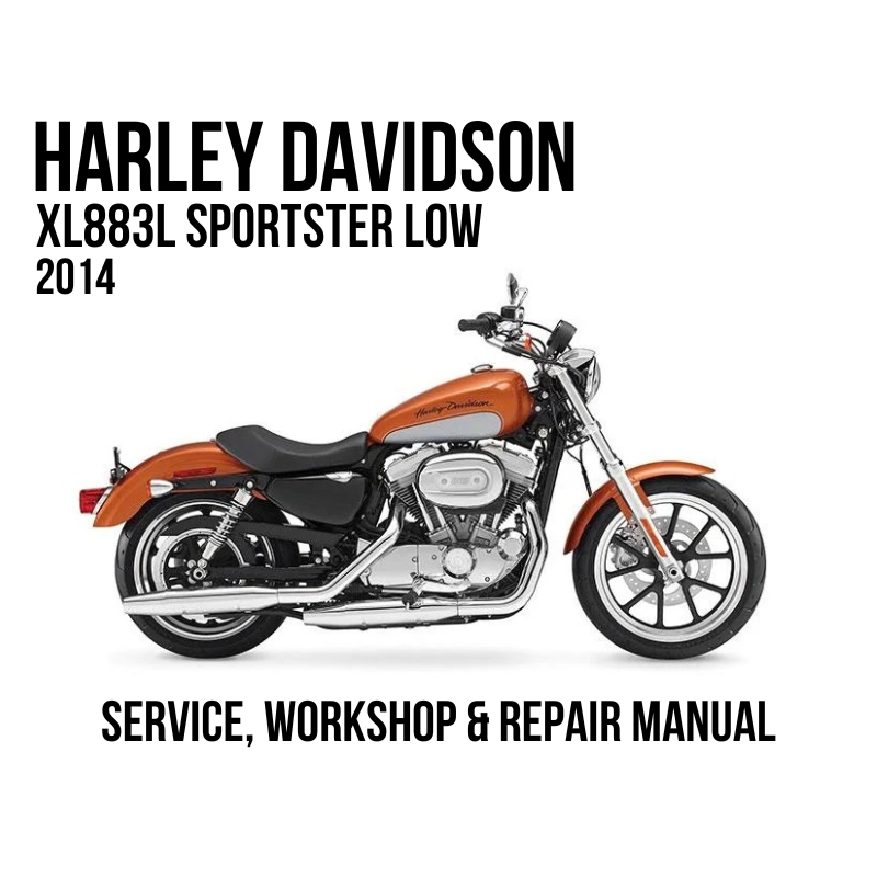 Harley-Davidson XL883L Sportster Low 2014 motorcycle shown in orange and black with chrome details, on a white background with text reading 'HARLEY DAVIDSON XL883L SPORTSTER LOW 2014' and 'SERVICE, WORKSHOP & REPAIR MANUAL'.