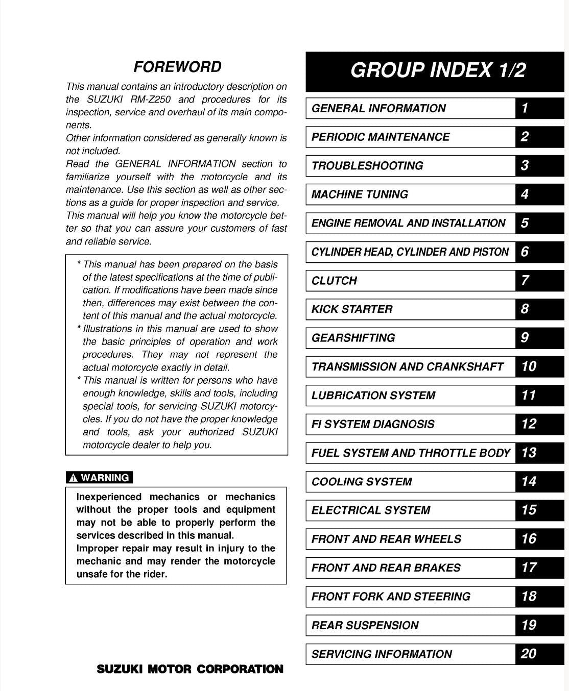Table of contents for a Suzuki motorcycle manual with section headings and page numbers.