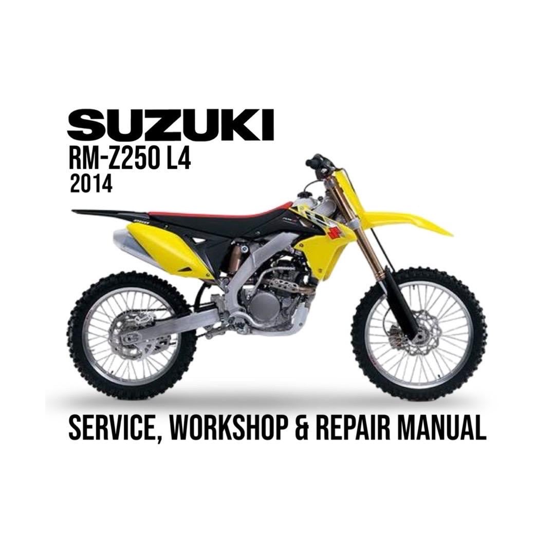 Suzuki RM-Z250 L4 2014 service, workshop & repair manual cover with motorcycle illustration.