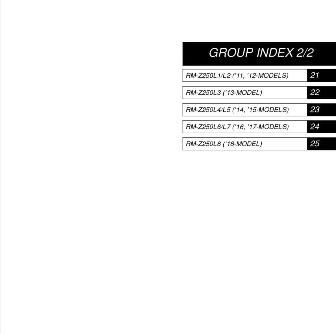 Group index page with model numbers and page numbers on a white background