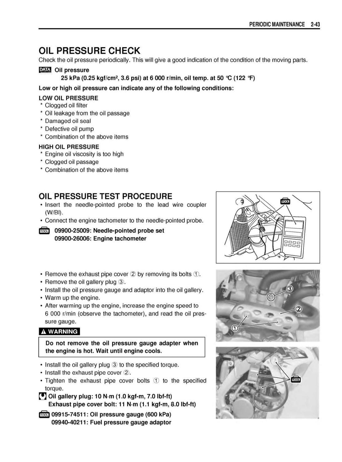 Technical manual page on oil pressure check and test procedure with text and diagrams.
