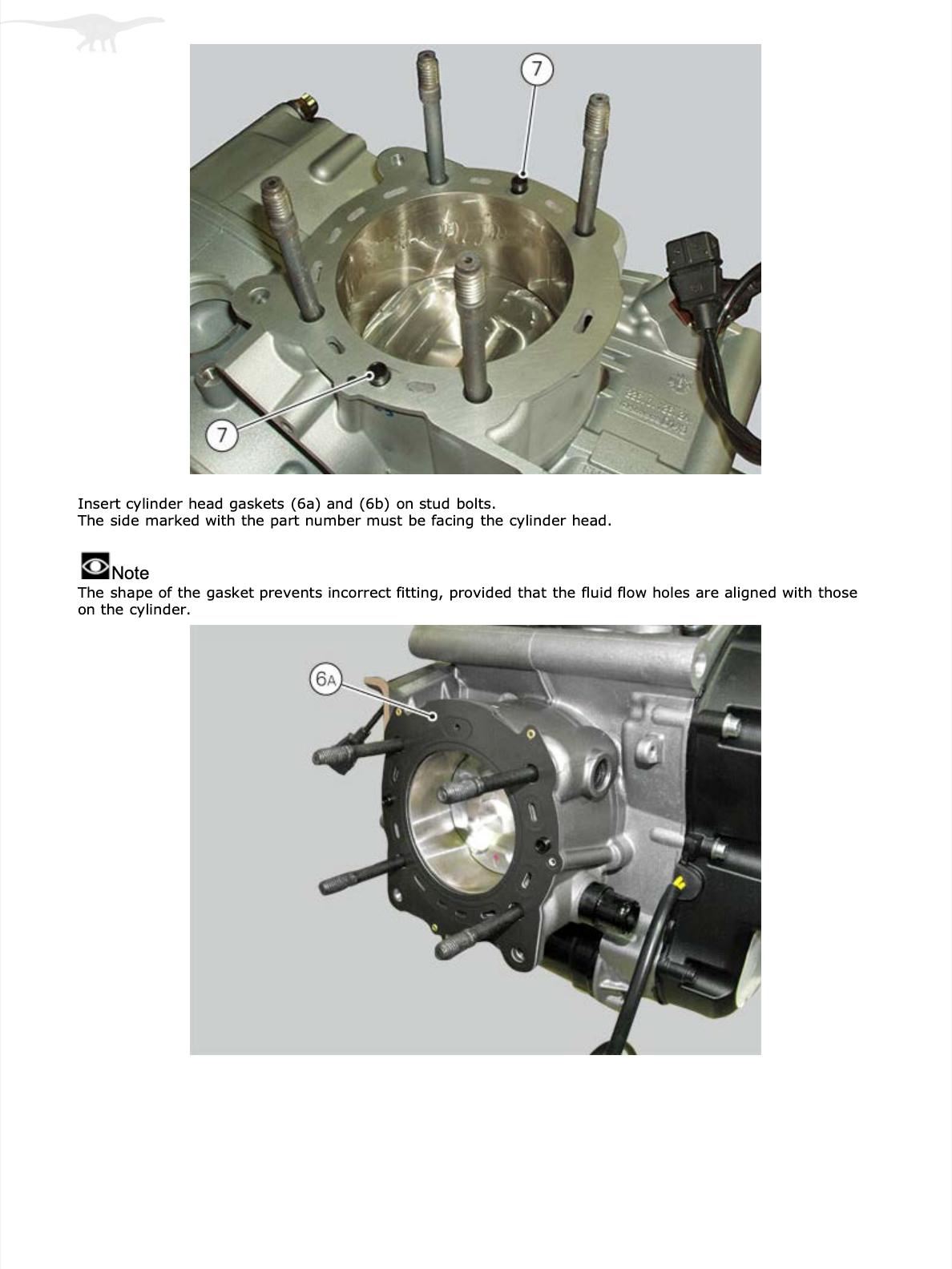 Instruction sheet showing two technical views of a motorcycle engine head gasket installation area, with labeled bolts and explanatory text on a white page.