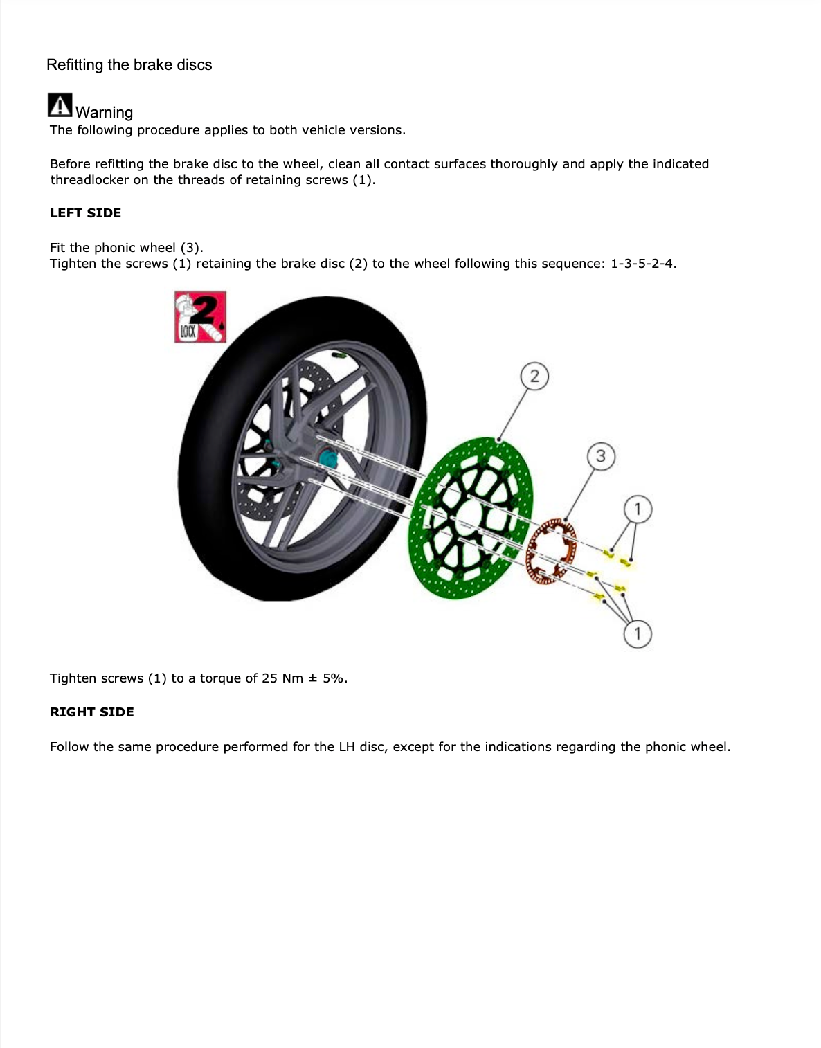A technical diagram and instruction sheet for refitting brake discs and wheels, showing labeled cross-sections of a wheel, brake disc, and retaining screws with text instructions and side views.