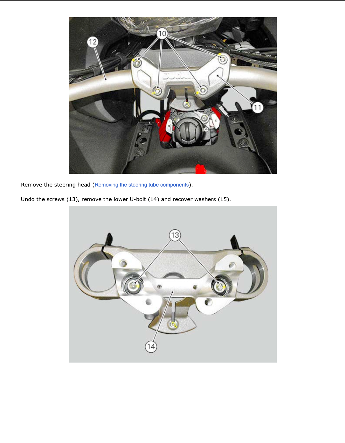 Instruction diagram showing how to remove a steering head from a motorcycle engine, with labeled parts and text instructions on a white page.