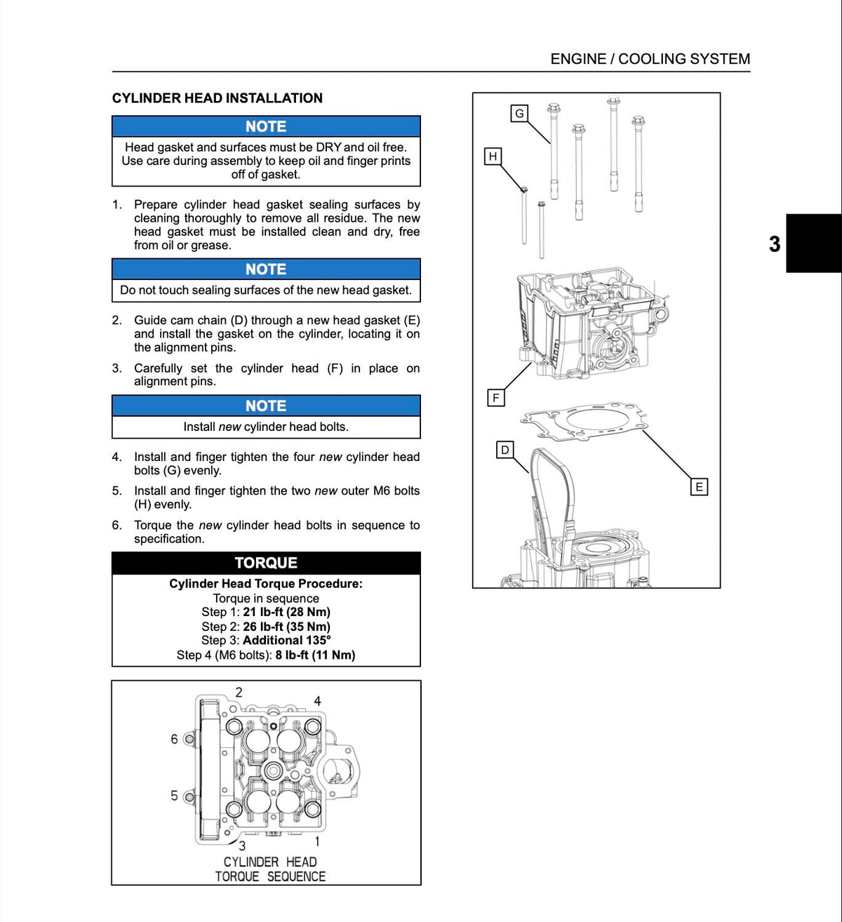 Instruction manual page for cylinder head installation and torque sequence, with text instructions, numbered steps, and line drawings on a white background.