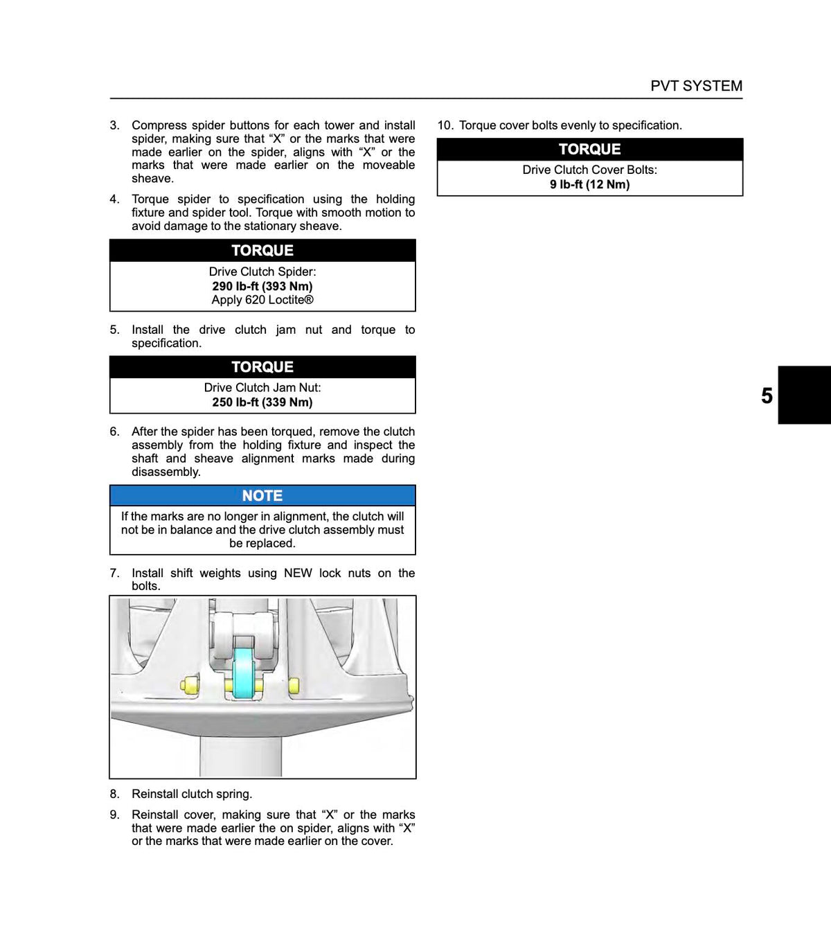 A printed installation and torque specification sheet for a PVT SYSTEM clutch assembly, with numbered steps, torque values, a small diagram, and a note on a white page.