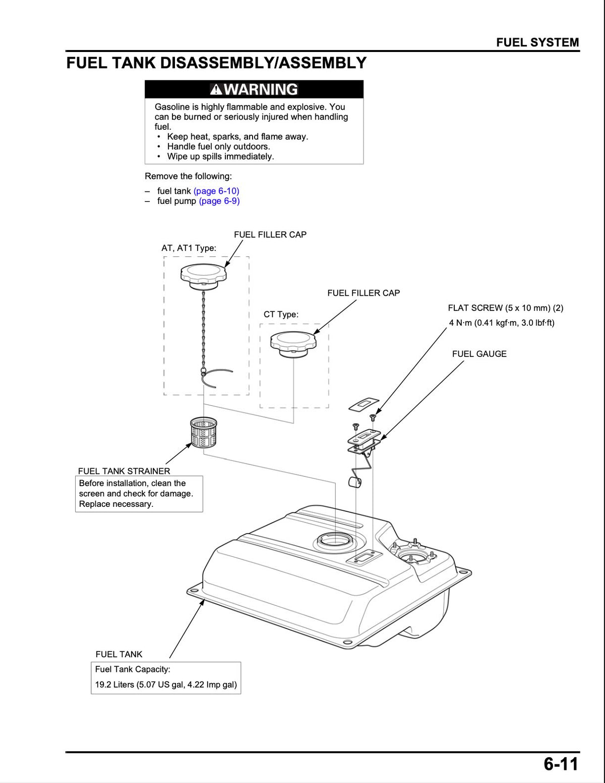 A black and white technical assembly diagram page for a fuel tank, showing labeled parts such as fuel filler cap, fuel gauge, fuel strainer, and fuel tank with assembly steps and warnings.