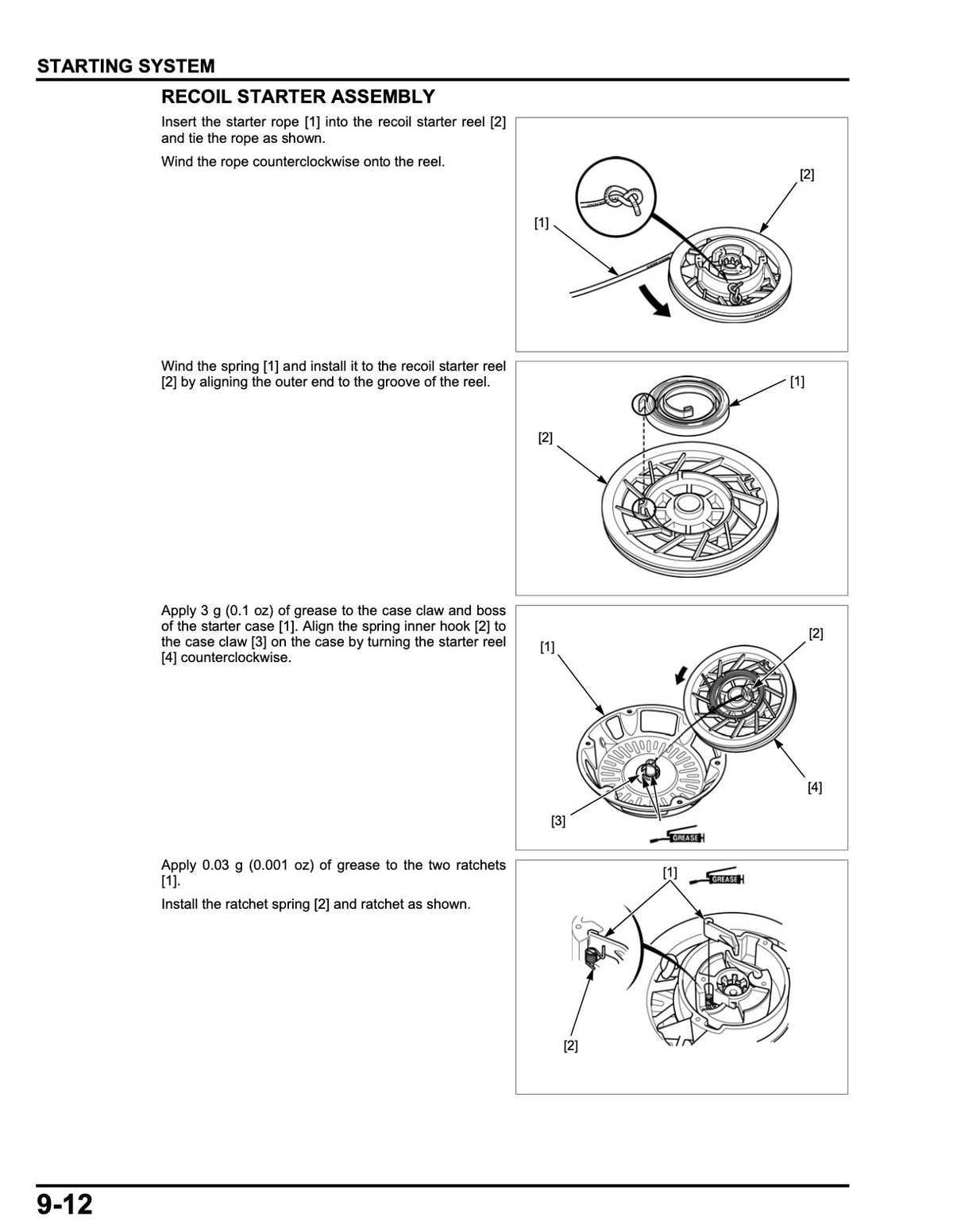A black and white technical instruction sheet titled 'STARTING SYSTEM' and 'RECOIL STARTER ASSEMBLY', showing labeled line drawings and assembly steps for a recoil starter with numbered callouts.