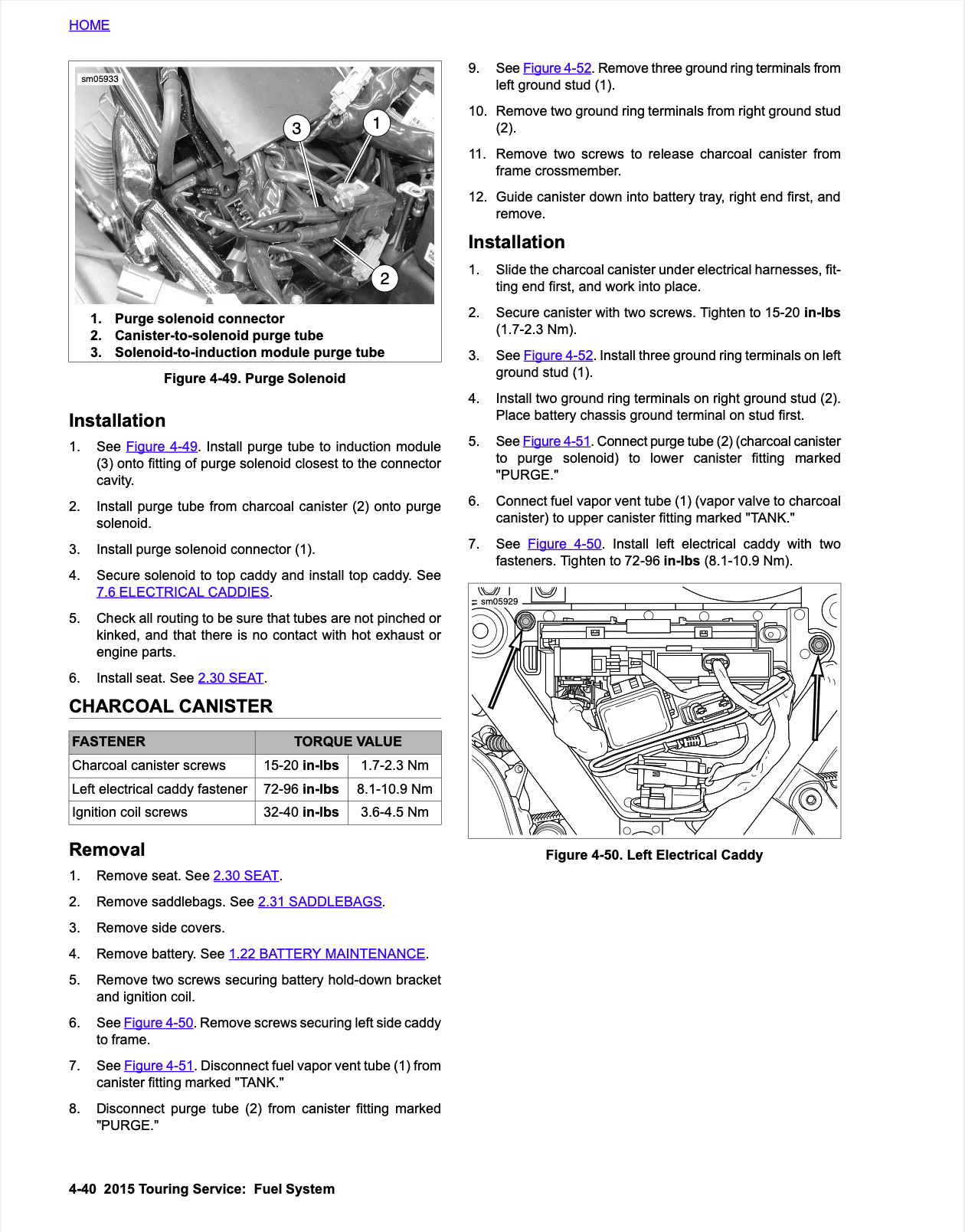 A black and white technical service manual page for a Running Tube (RT) - Fuel System, showing installation, removal, and fastening torque values with numbered diagrams.