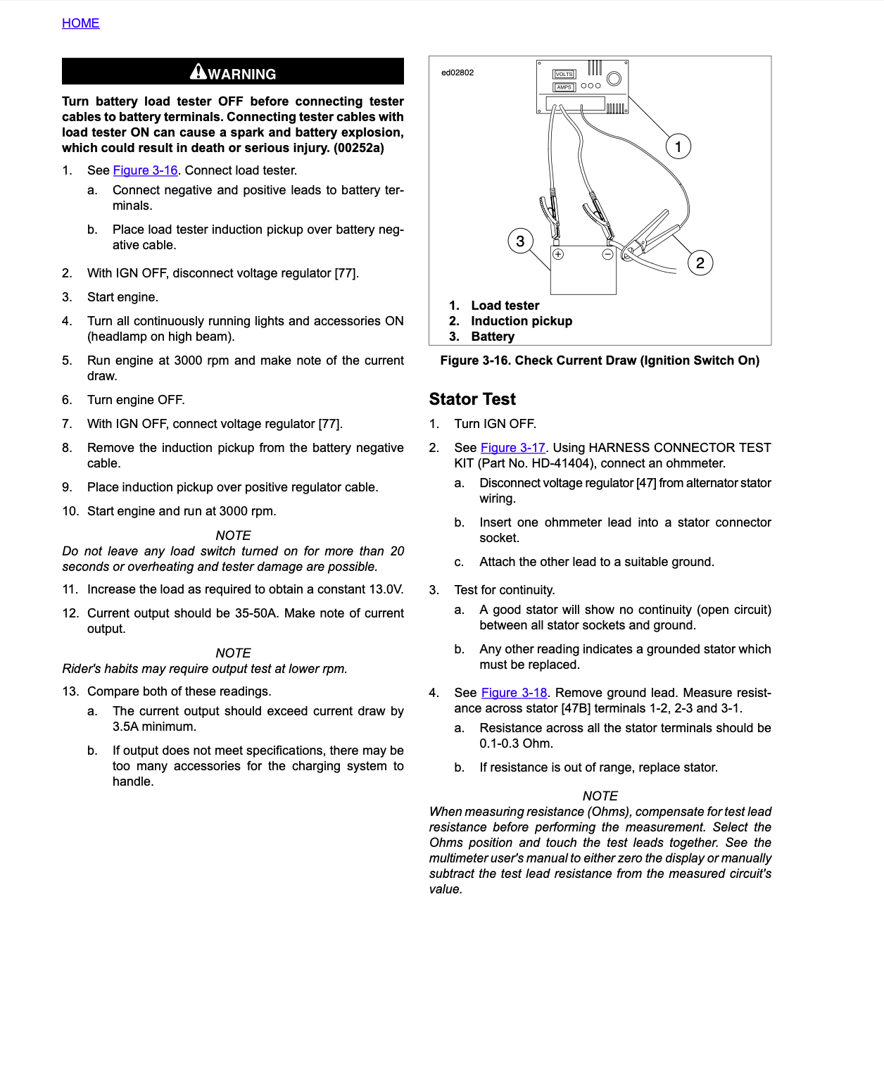 A printed safety and testing sheet with text instructions and diagrams for handling a tester battery and connector test, shown on a white page with black text and line drawings.