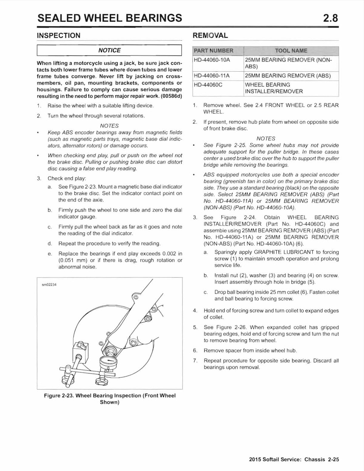 A printed technical inspection and removal sheet for sealed wheel bearings, with a table of specifications, numbered steps, notes, and small line drawings showing wheel bearing inspection and removal.