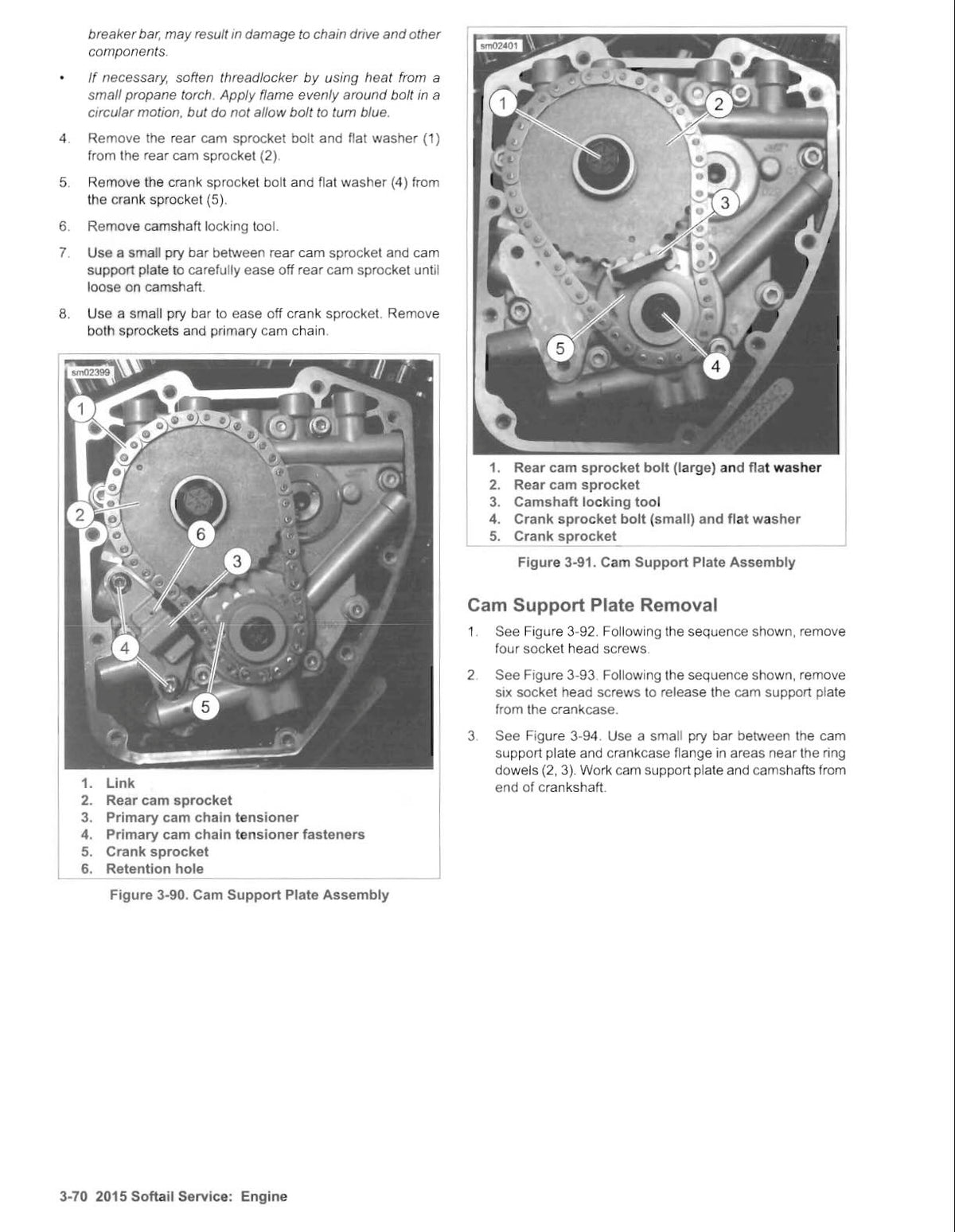 A printed service manual page with numbered assembly and removal instructions for a cam support plate, including step-by-step removal steps and labeled parts, on a white background.