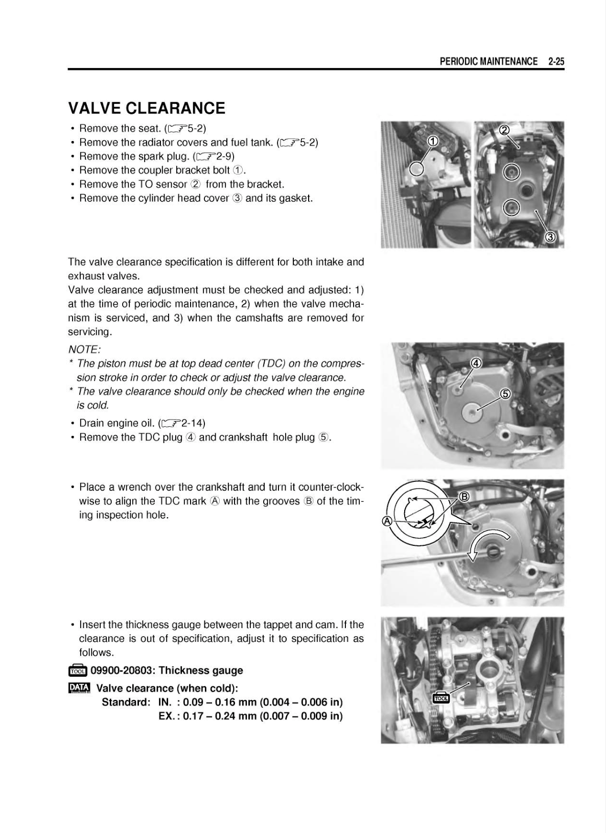 A page from an automotive service manual titled 'VALVE CLEARANCE' under 'PERIODIC MAINTENANCE', showing text instructions and several technical cross-section diagrams of engine valve components.