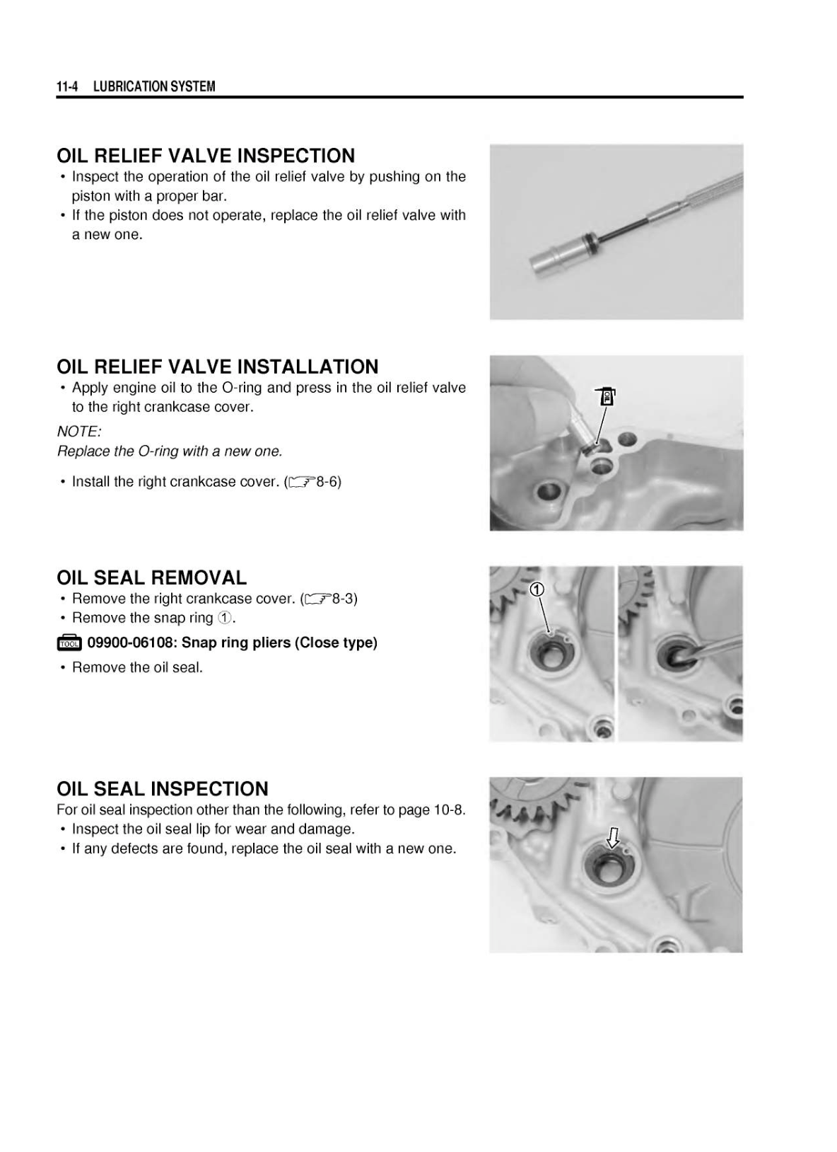 A page from a technical manual for a lubrication system, detailing the inspection, installation, and removal of an oil relief valve and oil seals. The page features black text, numbered steps, and small grayscale technical diagrams and photos of mechanical parts.