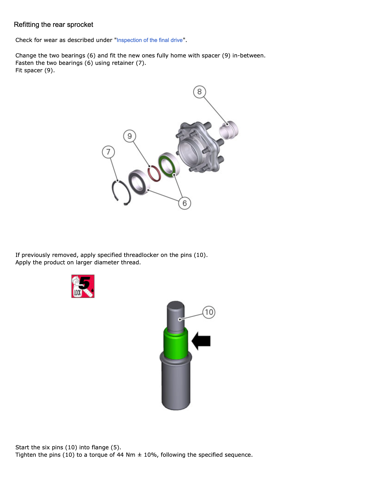 Instruction sheet showing how to refit a rear sprocket, with labeled exploded-view parts, torque sequence, and small safety icons on a white background.