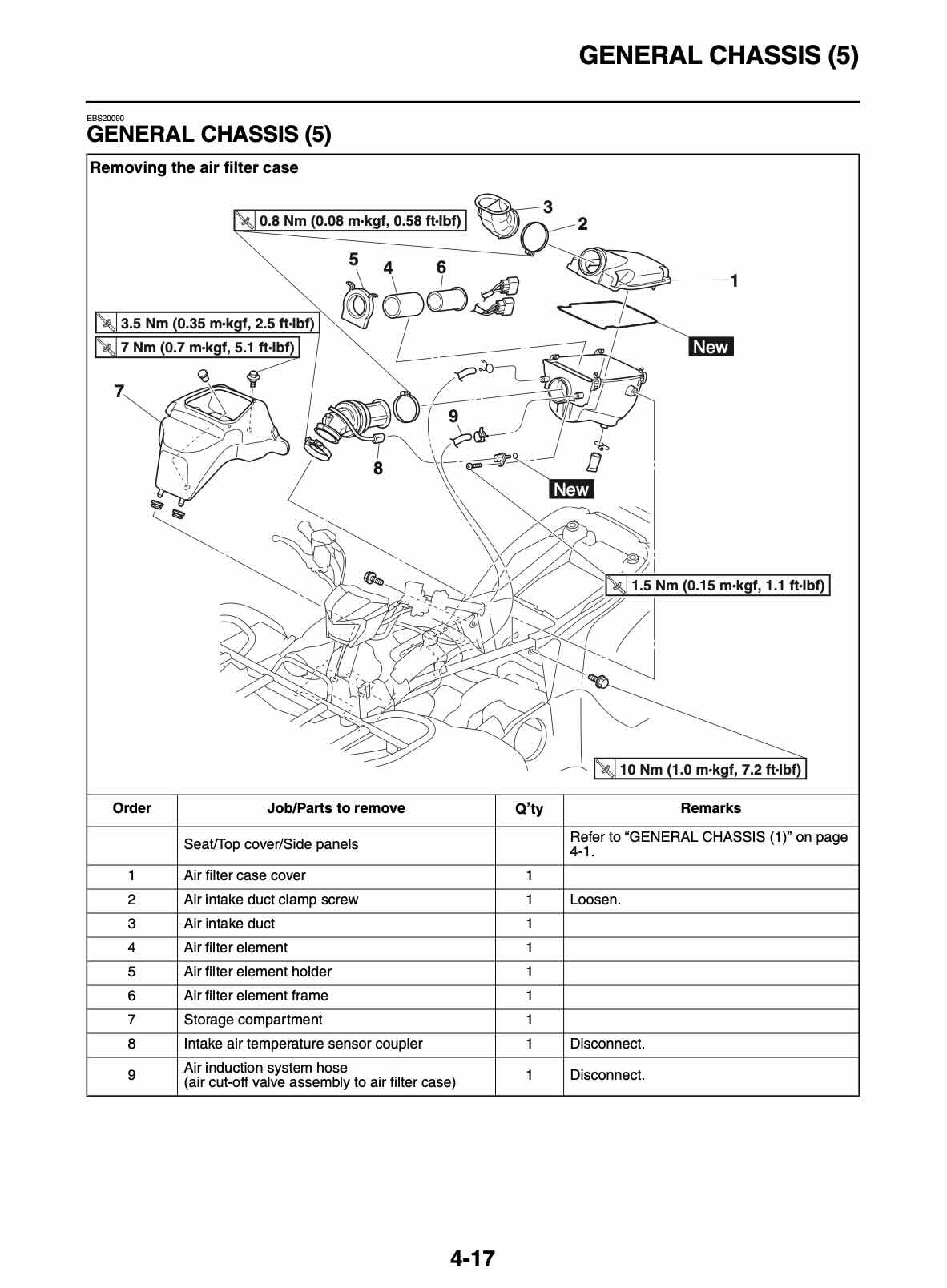 Yamaha Grizzly 700 service manual page 4-17 air filter case removal exploded diagram