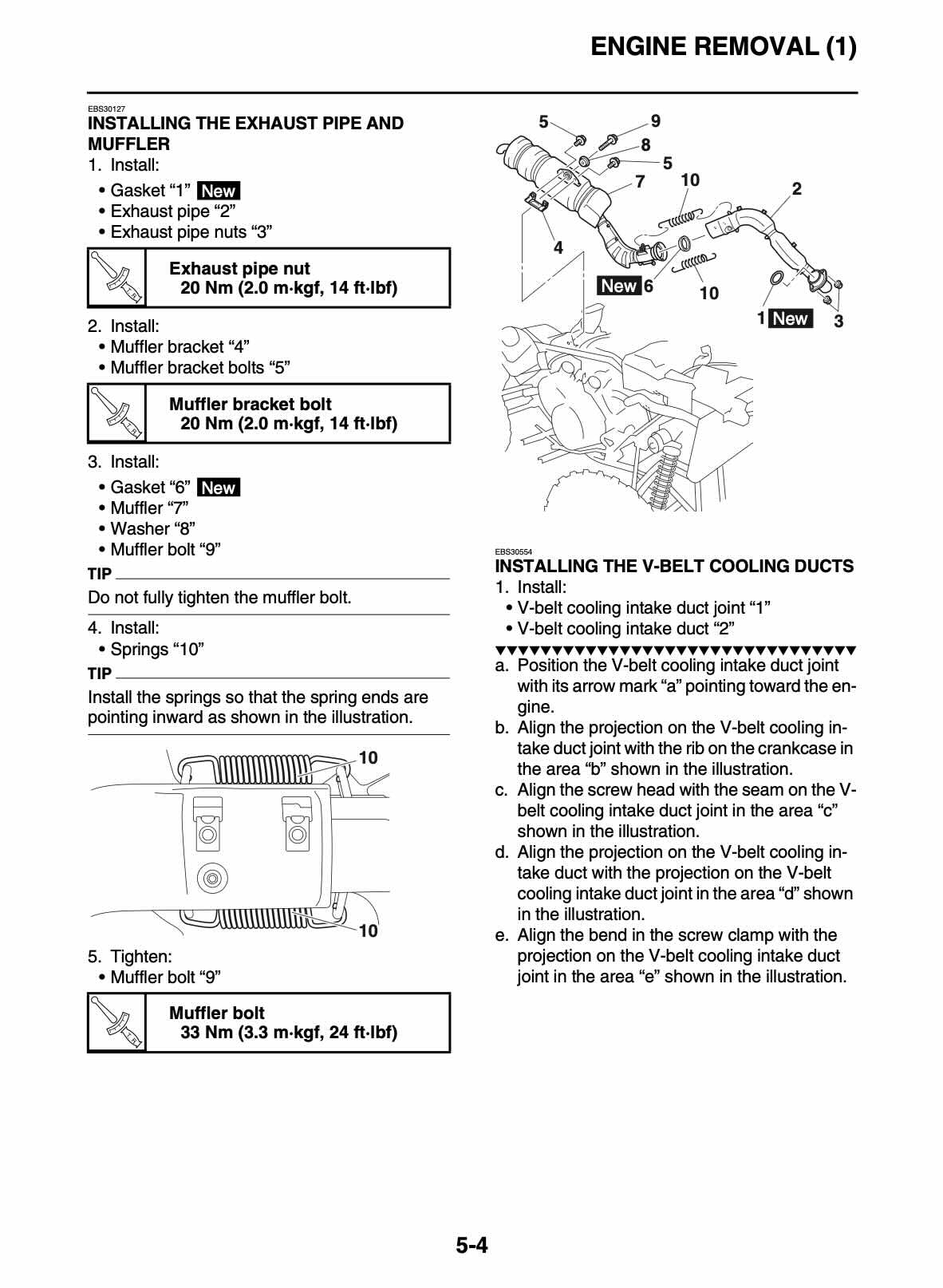Yamaha Grizzly 700 service manual page 5-4 exhaust pipe muffler and V-belt cooling ducts installation